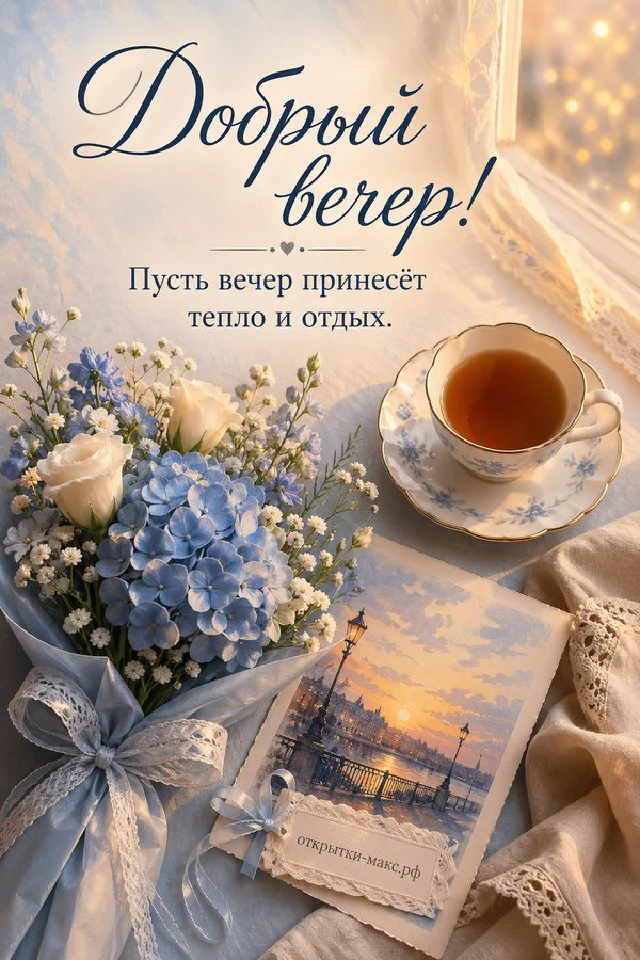 Раскрытая открытка-книжка с пожеланием доброго вечера, горящая свеча и кружка чая на тёмном столе с синим пледом — вариант 7