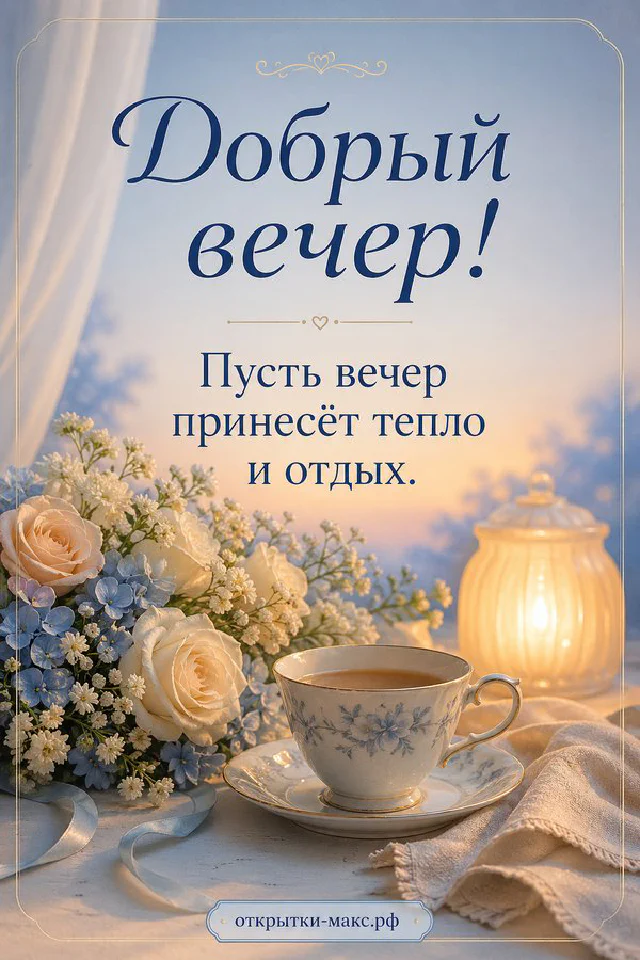 Раскрытая открытка-книжка с пожеланием доброго вечера, горящая свеча и кружка чая на тёмном столе с синим пледом — вариант 8