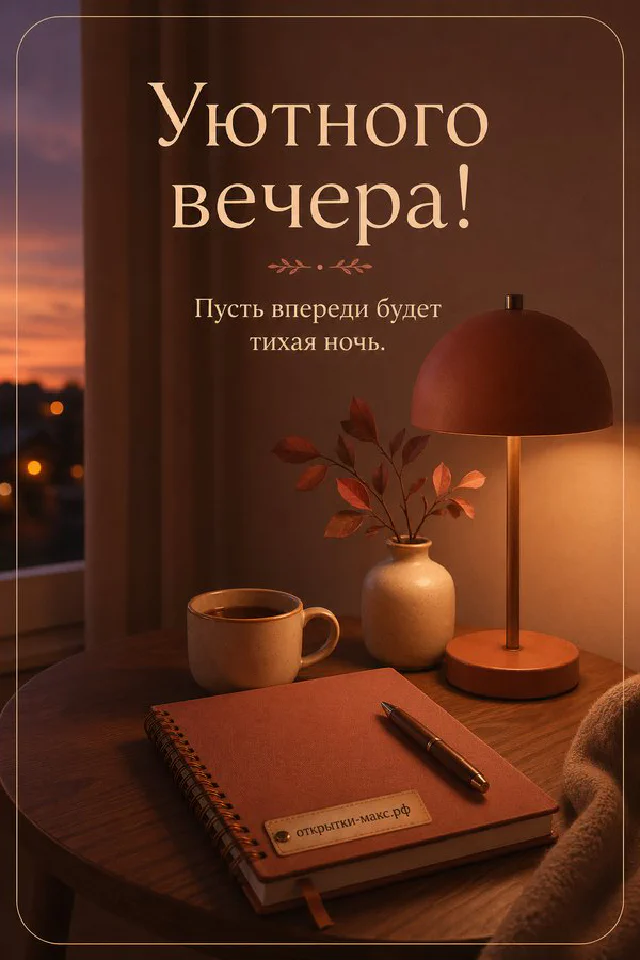 Чашка чая и белые цветы на балконе с видом на закат в орнаментальной рамке — вариант 2