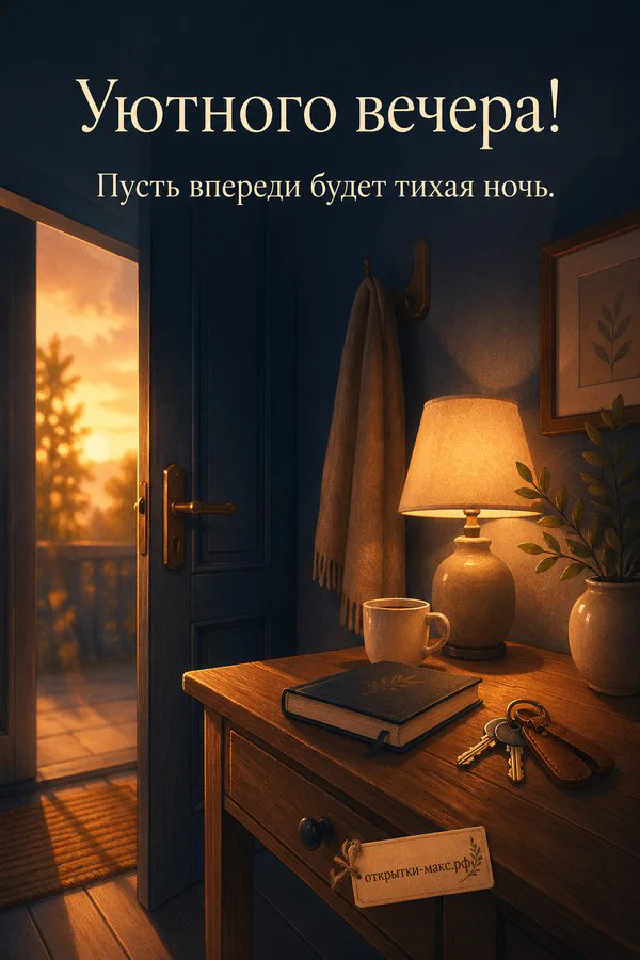 Чашка чая и белые цветы на балконе с видом на закат в орнаментальной рамке — вариант 3
