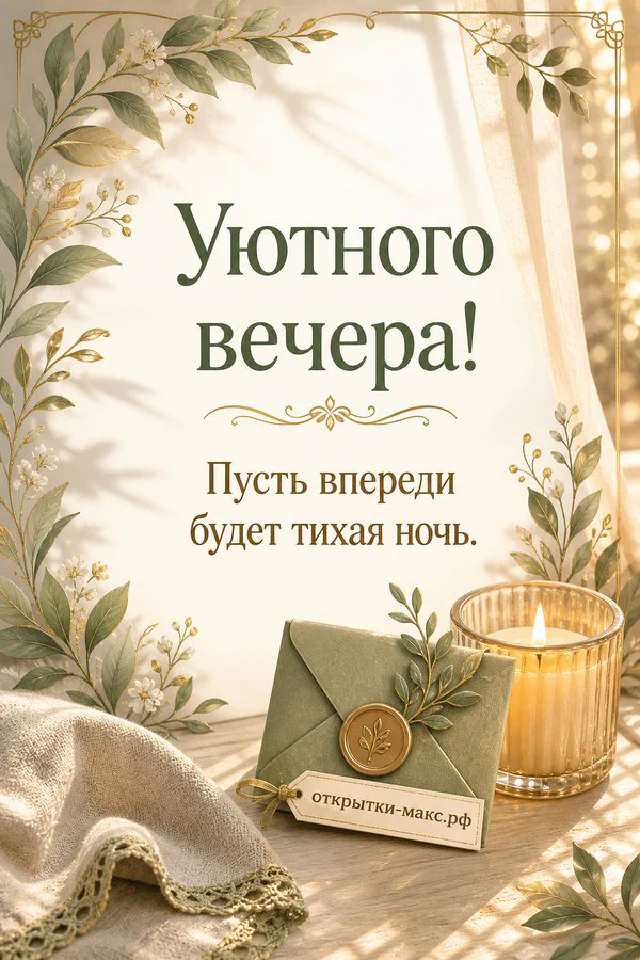 Чашка чая и белые цветы на балконе с видом на закат в орнаментальной рамке — вариант 4