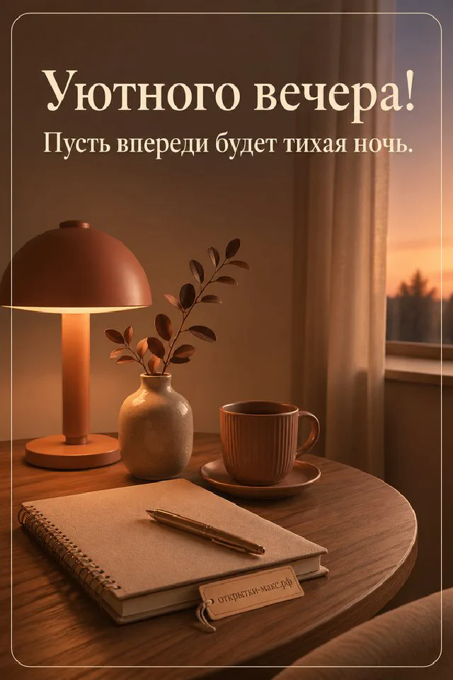 Чашка чая и белые цветы на балконе с видом на закат в орнаментальной рамке — вариант 6