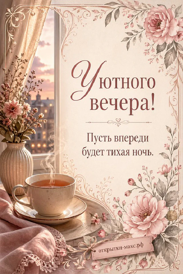 Чашка чая и белые цветы на балконе с видом на закат в орнаментальной рамке — вариант 8