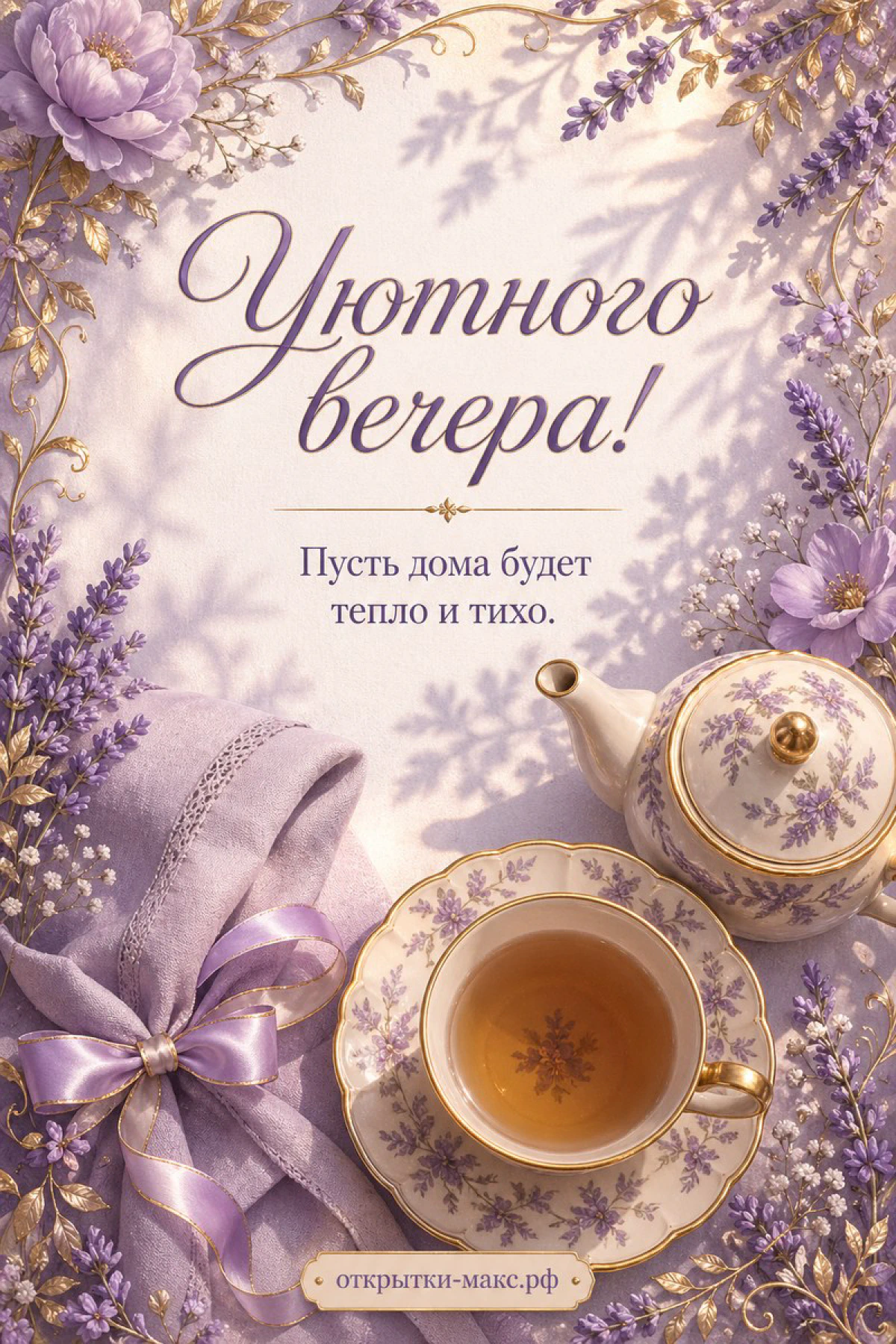 Фарфоровый чайник и чашка с золотым орнаментом среди лавандовых цветов