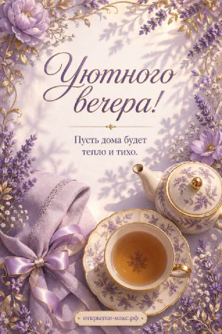 Фарфоровый чайник и чашка с золотым орнаментом среди лавандовых цветов