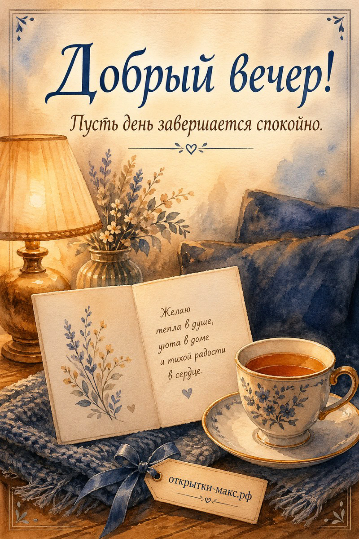 Акварельная открытка с чашкой чая, раскрытой книгой и настольной лампой на синем пледе