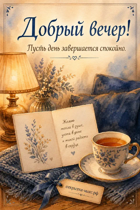 Акварельная открытка с чашкой чая, раскрытой книгой и настольной лампой на синем пледе