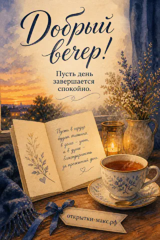 Акварельная открытка с чашкой чая, книгой и золотым закатом за окном на фоне города