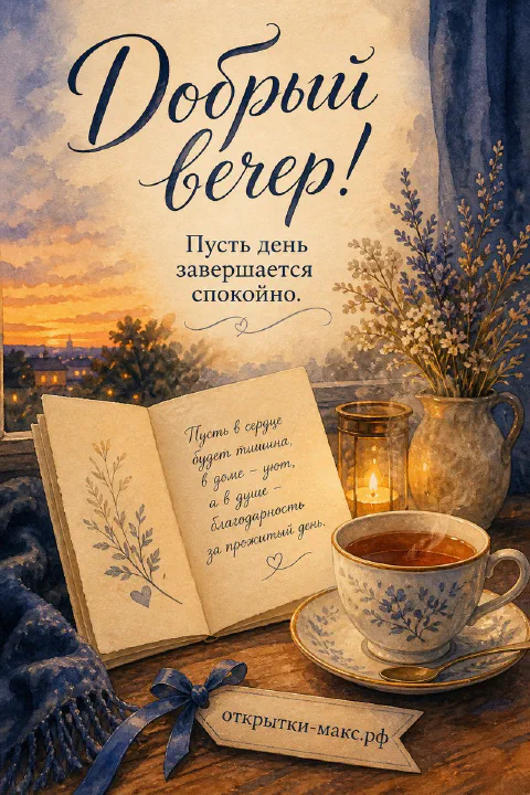 Акварельная открытка с чашкой чая, книгой и золотым закатом за окном на фоне города