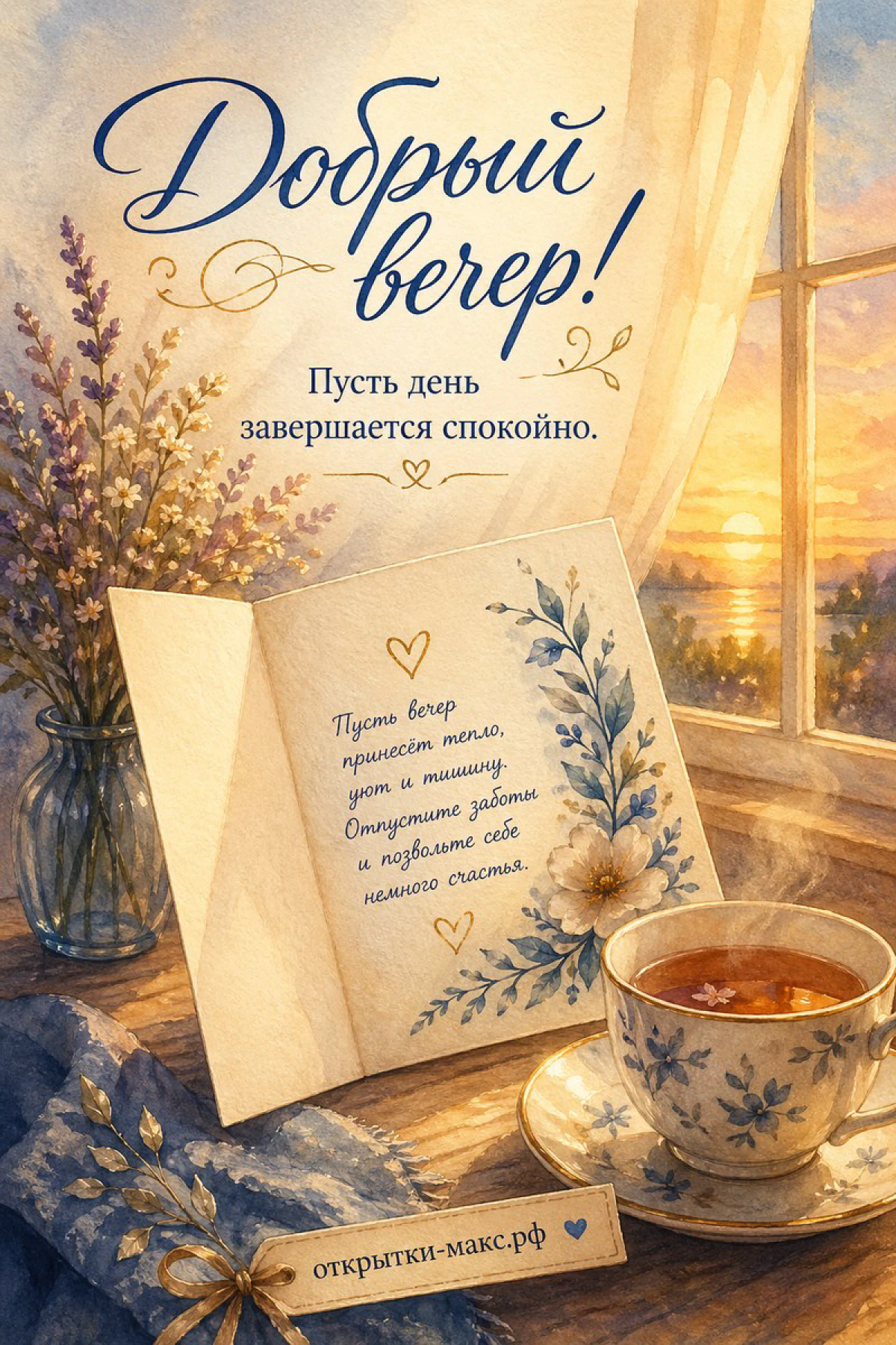 Акварельная открытка с чашкой чая, вазой лаванды и книгой на фоне золотистого закатного окна