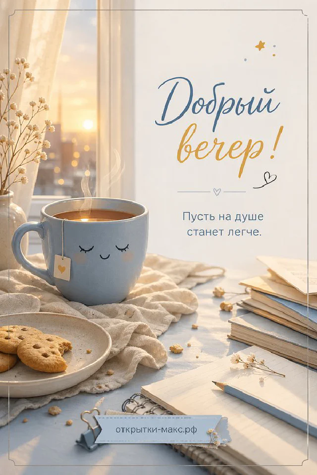 Нежно-розовая открытка с чашкой чая на пледе у окна с закатом и декоративной цветочной рамкой — вариант 2