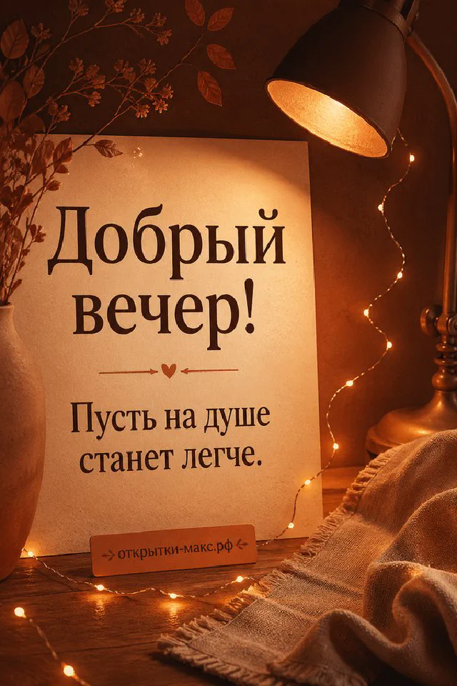 Нежно-розовая открытка с чашкой чая на пледе у окна с закатом и декоративной цветочной рамкой — вариант 3