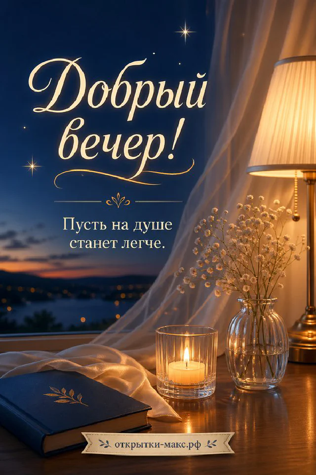 Нежно-розовая открытка с чашкой чая на пледе у окна с закатом и декоративной цветочной рамкой — вариант 5