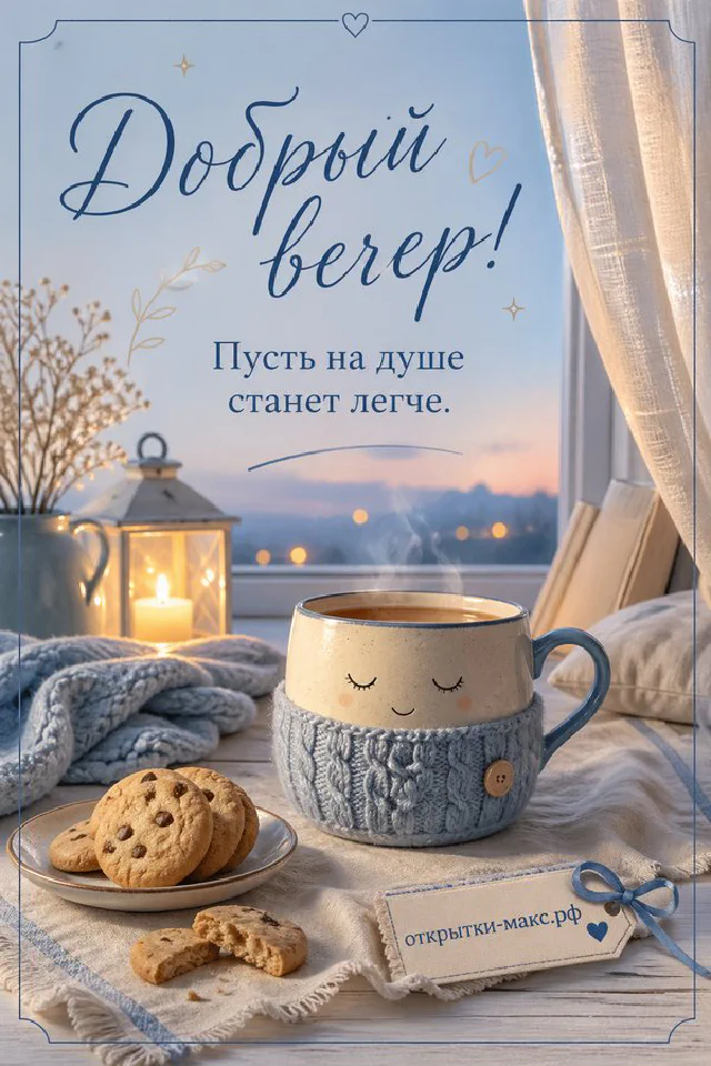 Нежно-розовая открытка с чашкой чая на пледе у окна с закатом и декоративной цветочной рамкой — вариант 6