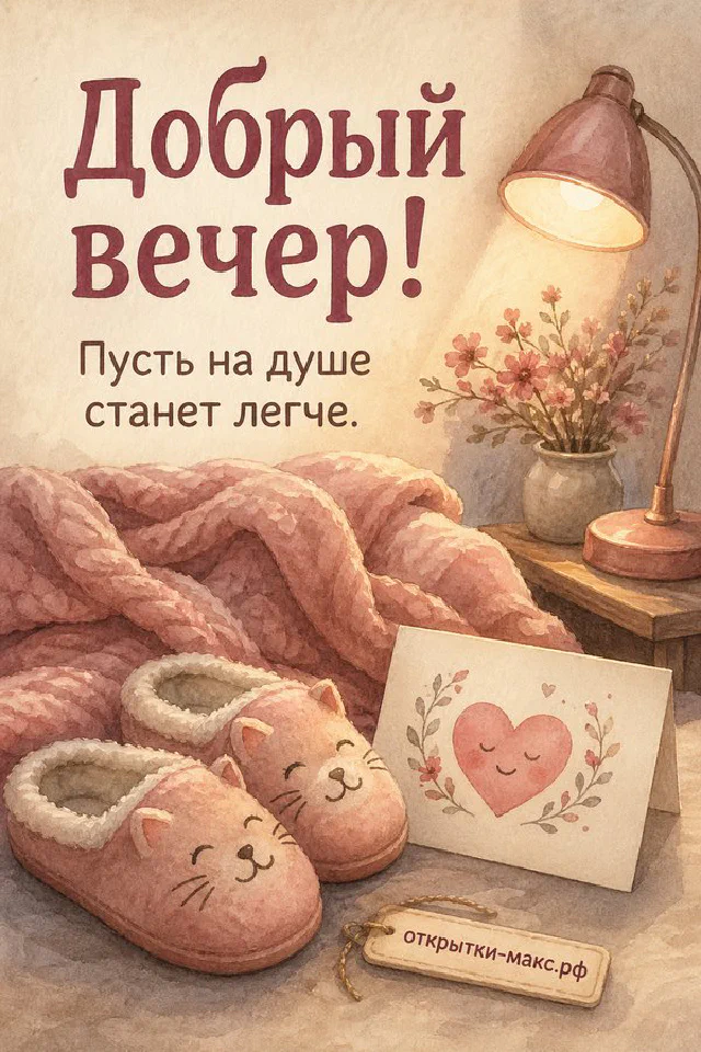 Нежно-розовая открытка с чашкой чая на пледе у окна с закатом и декоративной цветочной рамкой — вариант 7