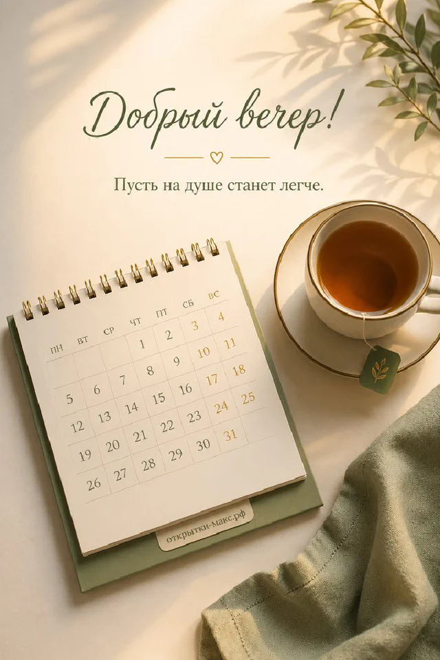 Нежно-розовая открытка с чашкой чая на пледе у окна с закатом и декоративной цветочной рамкой — вариант 8