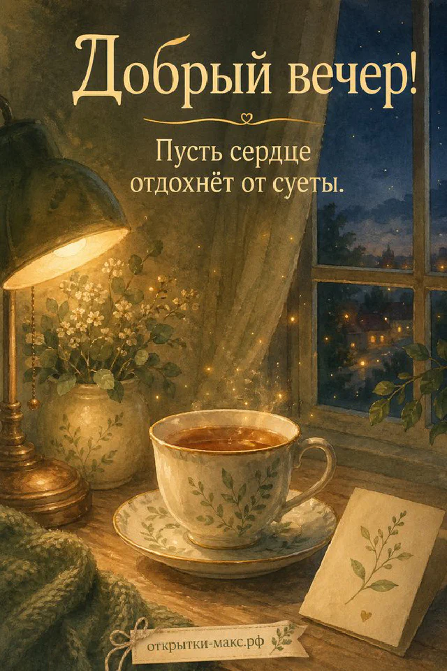 Чайный сервиз с подснежниками на балконном столике на фоне золотого заката над озером с деревьями — вариант 3