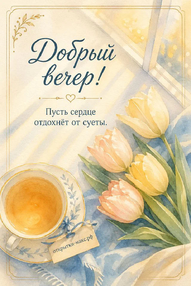 Чайный сервиз с подснежниками на балконном столике на фоне золотого заката над озером с деревьями — вариант 5