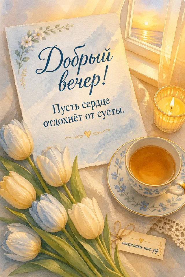 Чайный сервиз с подснежниками на балконном столике на фоне золотого заката над озером с деревьями — вариант 7