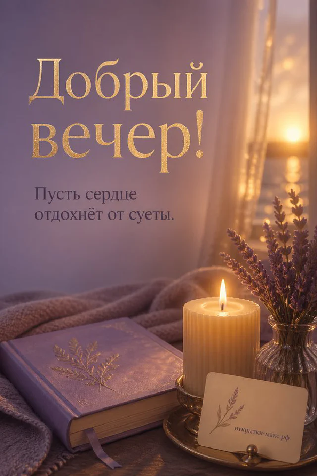 Чайный сервиз с подснежниками на балконном столике на фоне золотого заката над озером с деревьями — вариант 8
