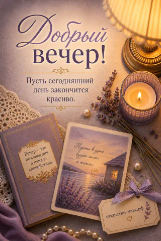Открытка добрый вечер с книгой в фиолетовой обложке, лавандой, горящей свечой и жемчужными бусами на шёлке