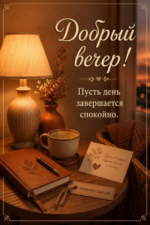 Уютный вечерний стол с чашкой кофе, кожаным ежедневником и тёплой настольной лампой