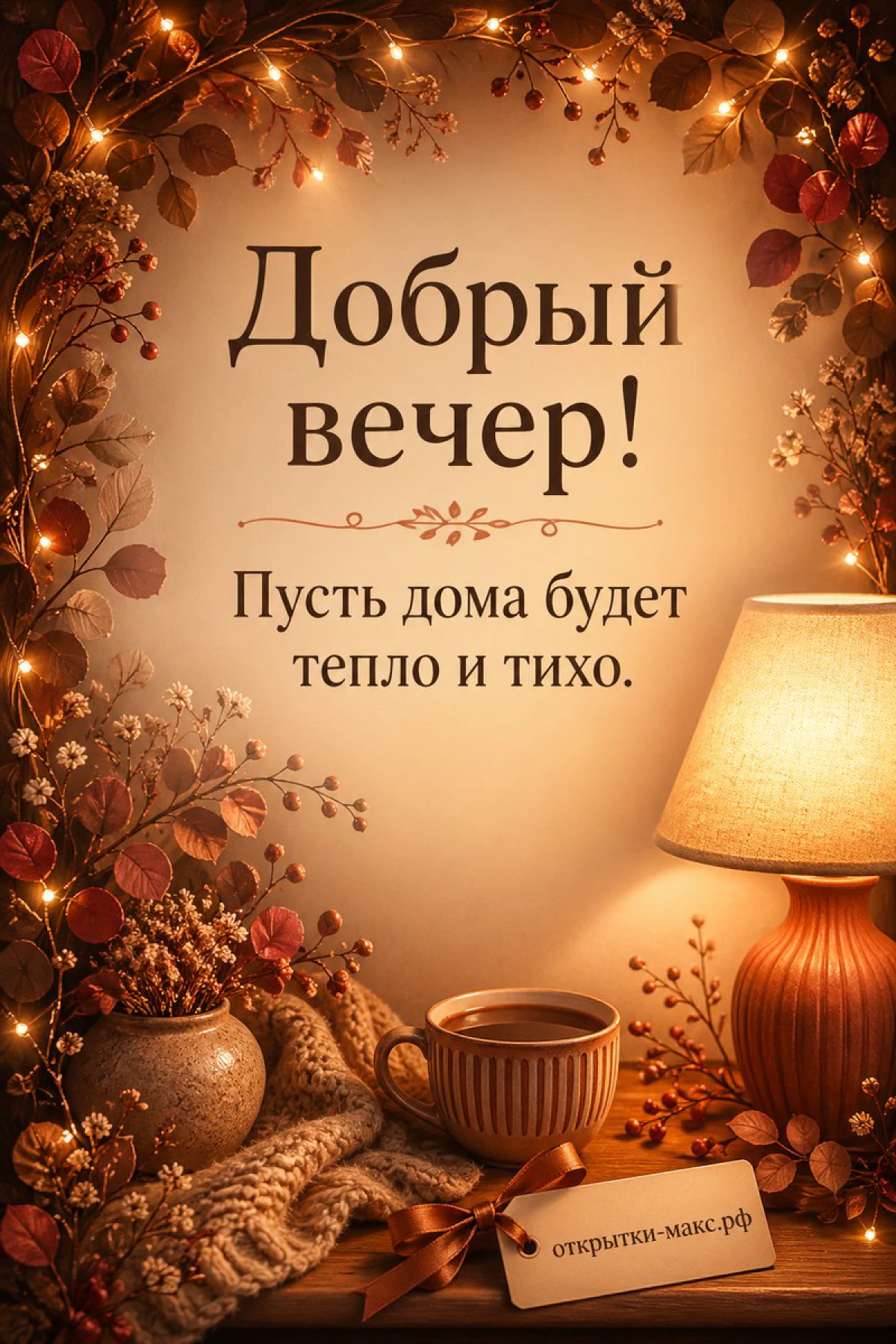 Осенняя открытка с кружкой кофе, настольной лампой и гирляндой на фоне красно-коричневых листьев