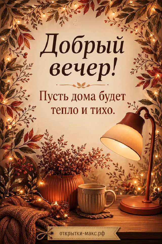 Осенняя открытка с кружкой кофе, настольной лампой и гирляндой на фоне красно-коричневых листьев — вариант 2