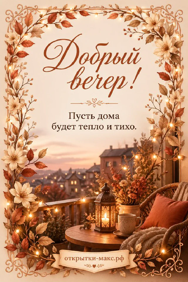 Осенняя открытка с кружкой кофе, настольной лампой и гирляндой на фоне красно-коричневых листьев — вариант 4