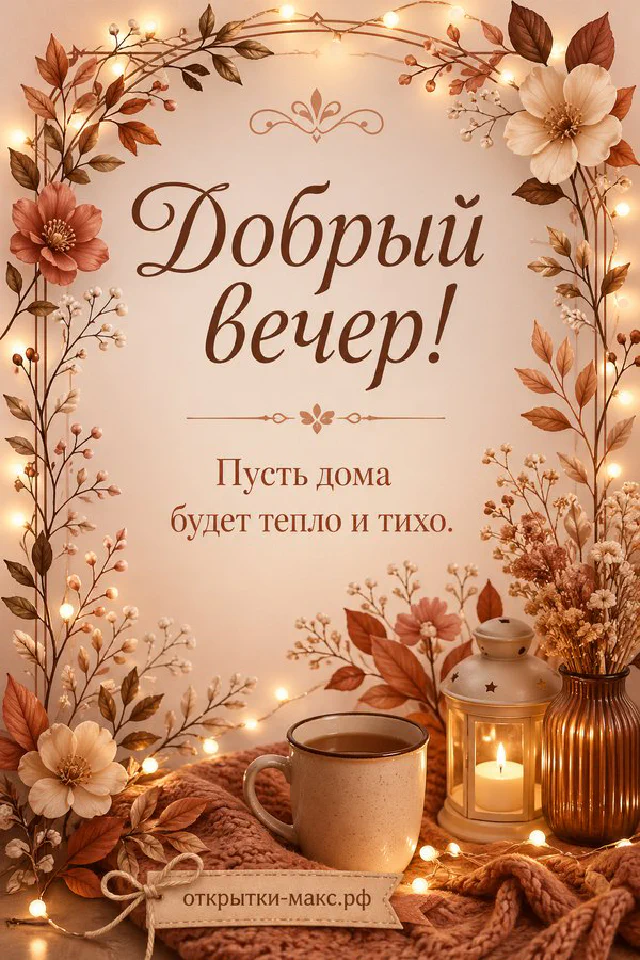 Осенняя открытка с кружкой кофе, настольной лампой и гирляндой на фоне красно-коричневых листьев — вариант 5