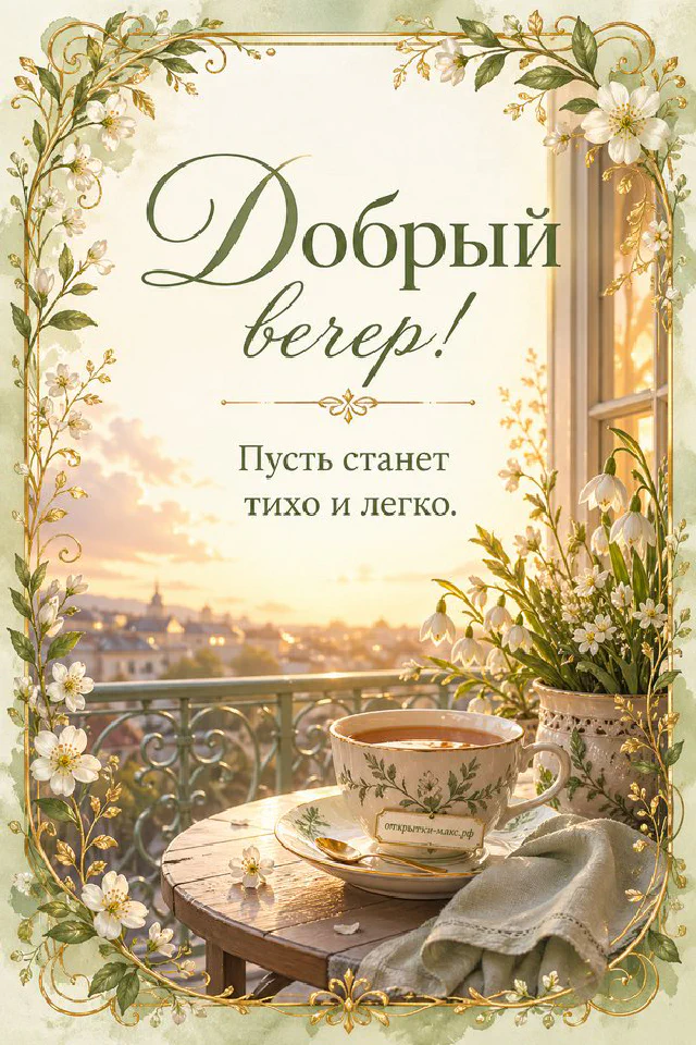 Открытка в конверте с текстом Добрый вечер на столике у заснеженного окна с еловыми ветками и шишкой — вариант 3