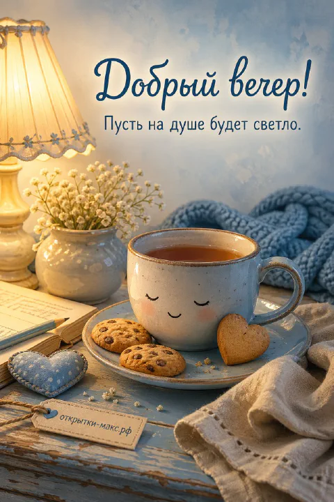 Голубая кружка чая с нарисованной улыбкой, печенье в форме сердца и мягкий плед на деревянном столике
