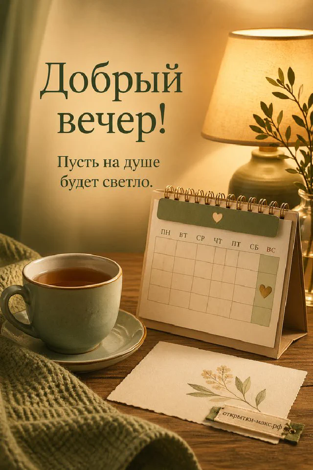 Голубая кружка чая с нарисованной улыбкой, печенье в форме сердца и мягкий плед на деревянном столике — вариант 2