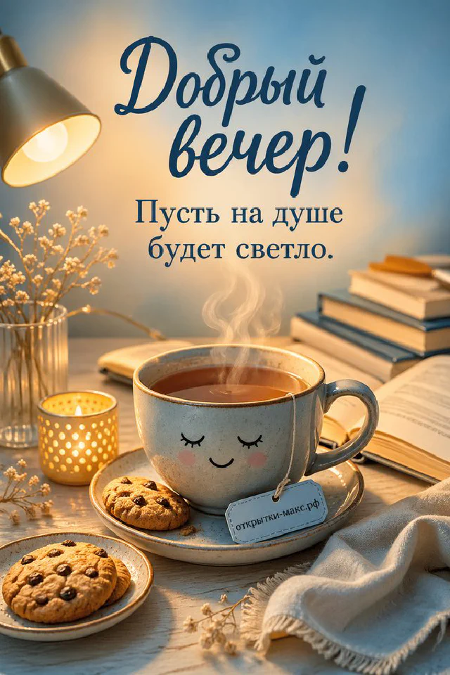 Голубая кружка чая с нарисованной улыбкой, печенье в форме сердца и мягкий плед на деревянном столике — вариант 3