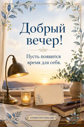 Стол с бронзовой настольной лампой, стеклянной свечой и ноутбуком на фоне горного закатного пейзажа