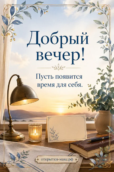 Стол с бронзовой настольной лампой, стеклянной свечой и ноутбуком на фоне горного закатного пейзажа