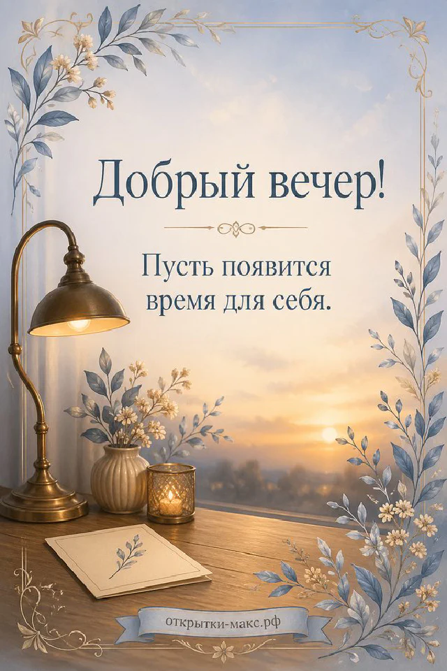 Стол с бронзовой настольной лампой, стеклянной свечой и ноутбуком на фоне горного закатного пейзажа — вариант 3