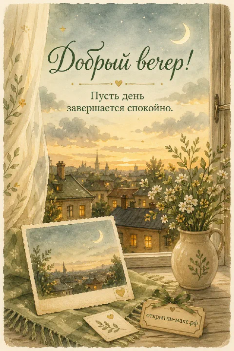 Акварельная открытка с вазой белых цветов у окна, луной и ночным городом на горизонте
