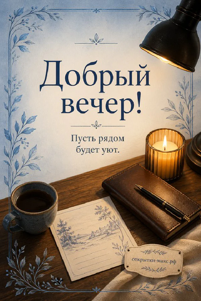 Акварельная открытка с ветками сирени у распахнутого белого окна на фоне тёплого вечернего неба — вариант 2