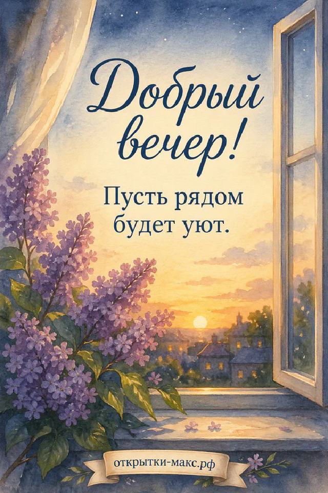 Акварельная открытка с ветками сирени у распахнутого белого окна на фоне тёплого вечернего неба — вариант 3