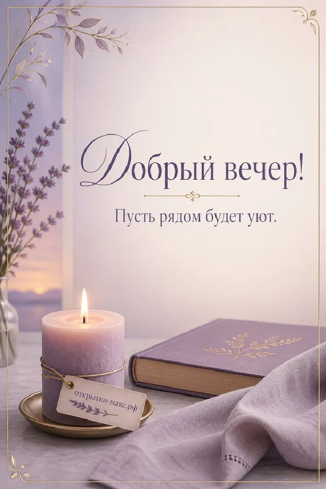 Акварельная открытка с ветками сирени у распахнутого белого окна на фоне тёплого вечернего неба — вариант 5