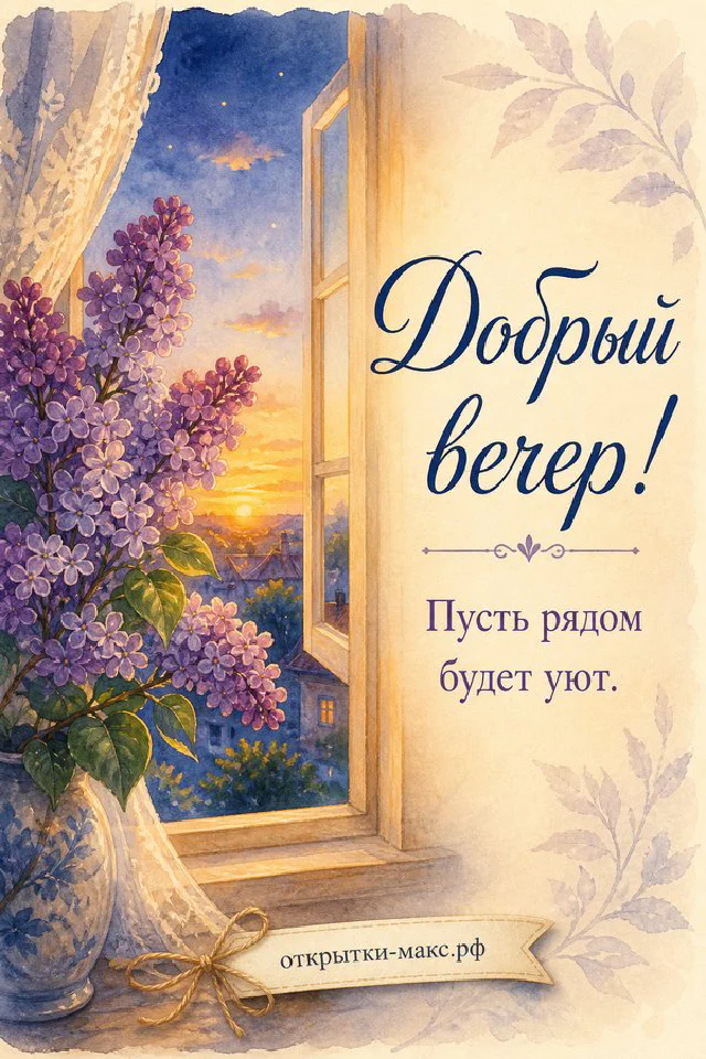 Акварельная открытка с ветками сирени у распахнутого белого окна на фоне тёплого вечернего неба — вариант 6