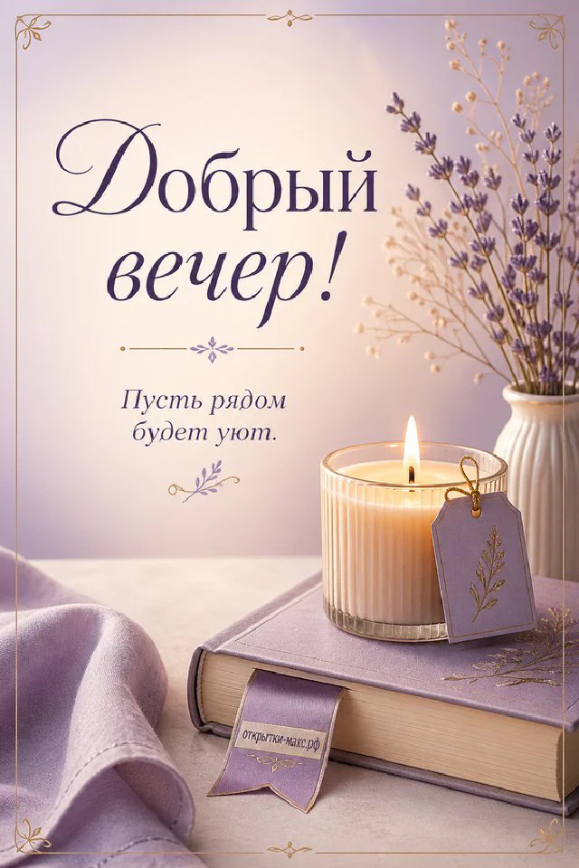 Акварельная открытка с ветками сирени у распахнутого белого окна на фоне тёплого вечернего неба — вариант 7