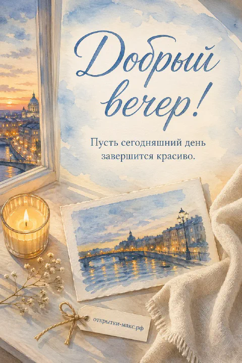 Акварельная открытка с горящей свечой у окна и видом на петербургскую набережную с мостами в вечерних огнях