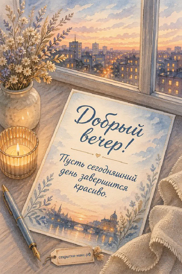 Акварельная открытка с горящей свечой у окна и видом на петербургскую набережную с мостами в вечерних огнях — вариант 2