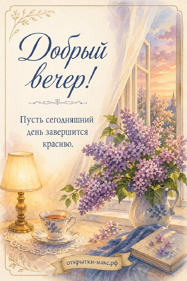 Акварельная открытка с горящей свечой у окна и видом на петербургскую набережную с мостами в вечерних огнях — вариант 3