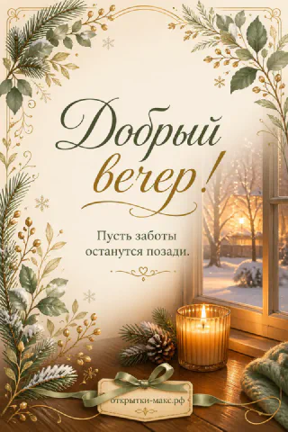 Горящая свеча на деревянном подоконнике с еловыми ветками и шишками на фоне заснеженного вечера за окном