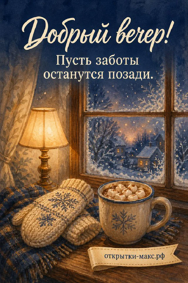 Горящая свеча на деревянном подоконнике с еловыми ветками и шишками на фоне заснеженного вечера за окном — вариант 3