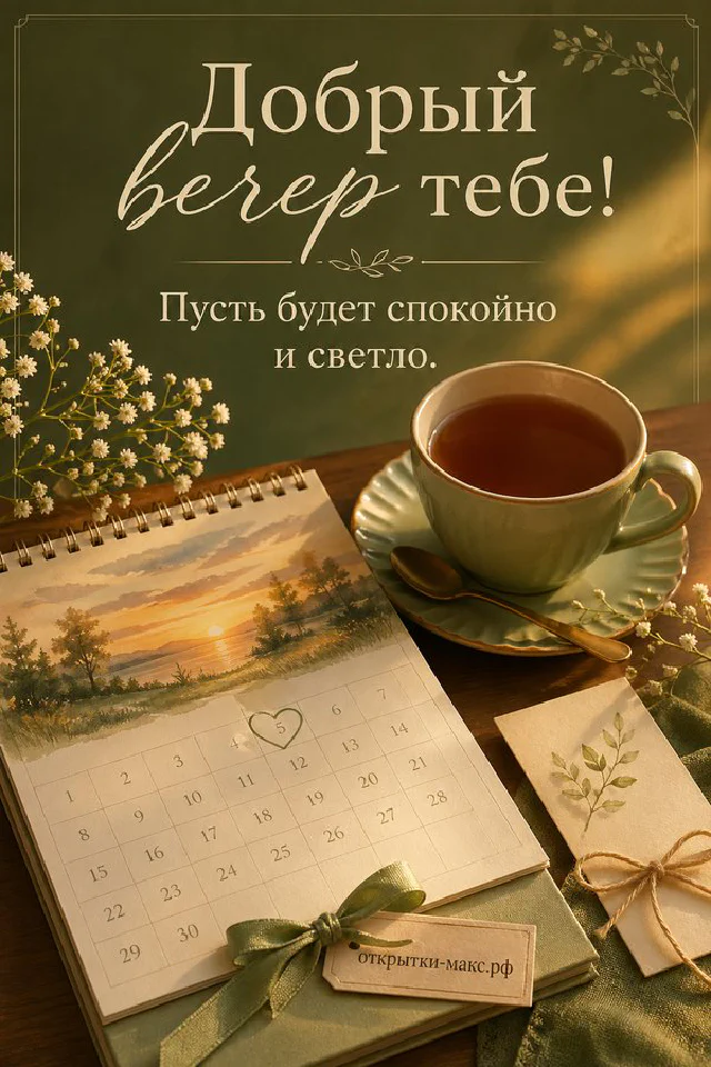 Чашка чая с золотым сердечком на книгах рядом с настольным календарём и вазой на зелёном пледе в тёплом свете — вариант 3