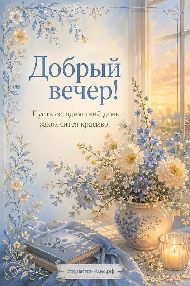 Минималистичная открытка с венком из тонких ветвей и ягод на пудрово-розовом фоне с надписью Добрый вечер — вариант 2